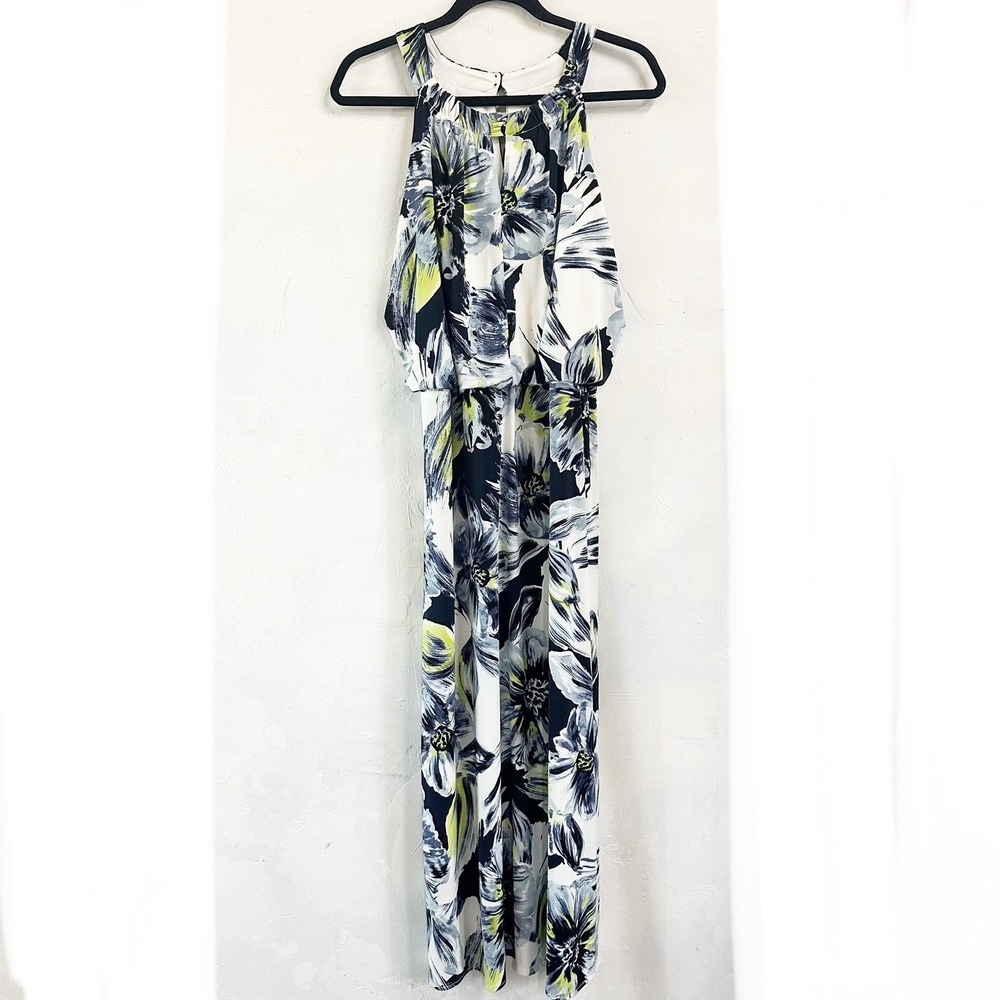 Chico's Floral Maxi Dress Sleeveless Blue Lime High Neck Women's Size 2 Large